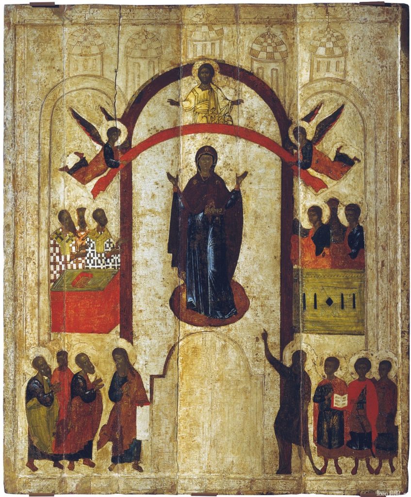 icône de la protection de la mère de Die- école de novgorod